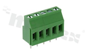 Listwa zaciskowa do PCB; w rastrze 5.00mm; 5-torowa; pionowa; na przewód 0.5-2.5mm2 (AWG 26-12); ze śrubami na wkrętak krzyżakowy; klatka mosiężna; zielona; UL 300V/20A, TUV 250V/20A