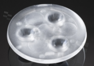 Lens for LED high power; angle: 26 to 36 degrees FWHM; Number of LEDs: 3; Dimensions: round 50mm; Height: 10.7mm; meterial: PMMA; Fastening: glue; pin