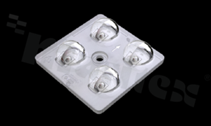 Lens for LED high power; angle: oval 108 x 120 degrees ; Number of LEDs: 4; Dimensions: 50x50mm; Height: 9.25mm; material: PMMA; Fastening: screw