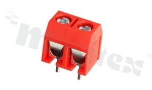 Listwa zaciskowa do PCB; w rastrze 5.00mm; 2-torowa; pionowa; na przewód 1.5mm2 (AWG 26-14); ze śrubami na wkrętak krzyżakowy;klatka mosiężna; czerwona; UL 300V/20A; TUV 250V/17.5A