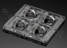Lens for LED high power; angle: asymmetric; Number of LEDs: 4; Dimensions: 90x90mm; Height: 13.9mm; meterial: PMMA; silicone; Fastening: screw