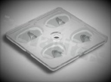 Lens for LED high power; angle: oval 150 x 80 degrees ; Number of LEDs: 4; Dimensions: 50x50mm; Height: 7.68mm; material: PMMA; Fastening: screw