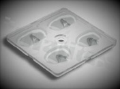 Soczewka do diod LED high power; kąt rozsyłu: owalny 150 x 80 stopni FWHM; ilość diod: 4; rozmiar: 50x50mm; wysokość: 7.68mm; rodzaj materiału: PMMA; sposób mocowania: śruby