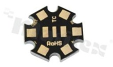 Podłoże MCPCB, przewodność cieplna 2W/(m*K), grubość: 2mm, Ilość warstw - 1, czarna soldermaska, kolor legendy: złota, rozmiar: gwiazdka 22mm, pokrycie padów: złoto; do diod Cree MX, /30