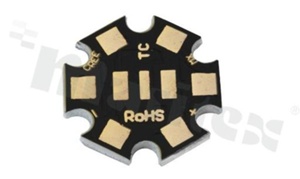 MCPCB, thermal conductivity 2W/(m*K), thickness: 2mm, number of layers - 1, black soldermask, legend color: gold, size: star 22mm, pad cover: gold; for Cree MX LEDs, /30