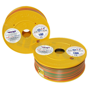 Przewód pojedynczy LGY/H05V-K; z wielodrutową miedzianą żyłą; pomarańczowy/zielony; przekrój 0.75mm2; AWG 18; 500V; -40+105 st.C; 100m.