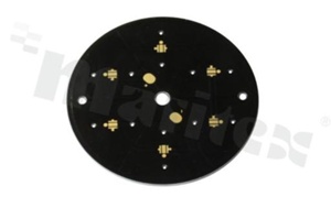 MCPCB, thermal conductivity 1.5W/(m*K), thickness: 2mm, number of layers - 1, black soldermask, legend color: gold, size: diameter 77mm, pad cover: gold; for XP LEDs, /6