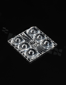 Lens for LED 5050; angle: asymmetric IESNA type V (square); Number of LEDs: 6; Dimensions: 49.8x49.8mm; Height: 7.8mm; meterial: PMMA; Fastening: screw