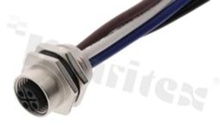 Gniazdo M12; kodowanie S; 4-stykowe; żeńskie; 12A; na panel; nakrętka z tyłu; z przewodem o długości 15cm; IP 68