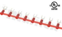 Konektor widełkowy; otwór O4.3mm; na kabel 0.5-1.5mm2; Imax = 18A; izolacja czerwona