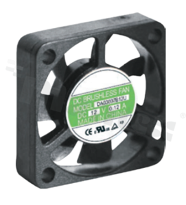 Wentylator; DC; 0.04m3/min; 0.10A; 3.5-5.5VDC; 0.50W; 6000RPM; 22dBA; 28 AWG; plastik; -10+70 st.C; 6g; 30x30x7mm