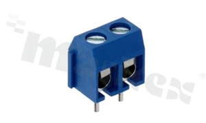 Listwa zaciskowa do PCB; w rastrze 5.00mm; 2-torowa; pionowa; na przewód 2.5mm2 (AWG 22-14); ze śrubami na wkrętak płaski; klatka mosiężna; niebieska; UL 300V/15A, TUV 250V/17.5A