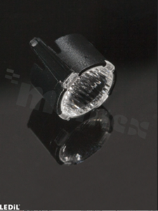 Lens for high power LEDs; distribution angle: Oval 44 x 23 degrees FWHM; number of LEDs: 1; size: 10mm diameter; height: 6.8mm; material type: PMMA; PC; fastening: clips