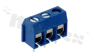 Listwa zaciskowa do PCB; w rastrze 5.00mm; 3-torowa; pionowa; na przewód 2.5mm2 (AWG 22-14); ze śrubami na wkrętak płaski; klatka mosiężna; niebieska; UL 300V/10A, TUV 250V/15A