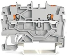 Installation terminal block; 1-level; through; 2-contacts for wire 0.14-1.5mm2 (24-16AWG); spring-loaded; grey; for DIN rail; 600V/10A
