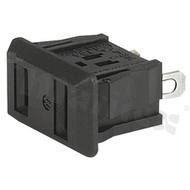 AC power outlet NEMA 1-15R, protection class II; mounting: panel thickness 0.8-1.5mm, snap-in; solder terminals; black; IP20; 15A, 125VAC
