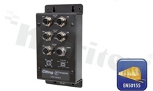 Switch przemysłowy kolejowy; niezarządzalny; norma kolejowa EN50155; 5 portów 10/100/500Base-T(X); złącza M12; temp. pracy: -40+75 st.C; zasilanie redundantne 12...48VDC