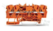 Installation terminal block; 1-level; through; 4-contacts for wire 0.25-4.0mm2 (22-12AWG); spring-loaded; orange; for DIN rail; 600V/20A