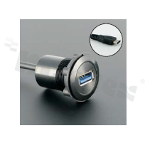 Gniazdo USB3.1; żeńskie; otwór montażowy 22mm; podłączenie na wtyk USB3.1 męski; długosć przewodu 60cm; korpus czarny; stop aluminium.