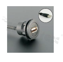 USB2.0 socket; female; mounting hole 22mm; USB2.0 male plug connection; black; plastic.