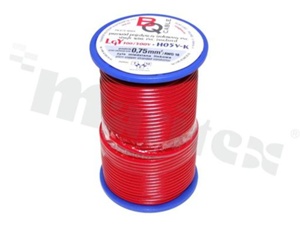 Przewód pojedynczy LGY/H05V-K; z wielodrutową miedzianą żyłą; czerwony; przekrój 0.75mm2; AWG 18; 500V; -40+105 st.C; 25m.
