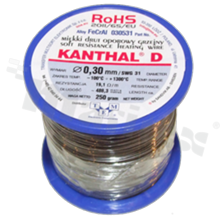 Drut oporowy grzejny Kanthal; renomowanego szwedzkiego producenta; średnica 0.30mm; SWG 31; -100+1300 st.C; 488.3m; 250g.