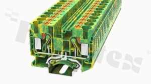 Złączka instalacyjna; 1-poziomowa; przelotowa; 2-zaciskowa na przewód 0.5-16.0mm2 (20-16AWG); ze stykiem sprężynowym; żółto-zielona; na szynę DIN; 300V/15A