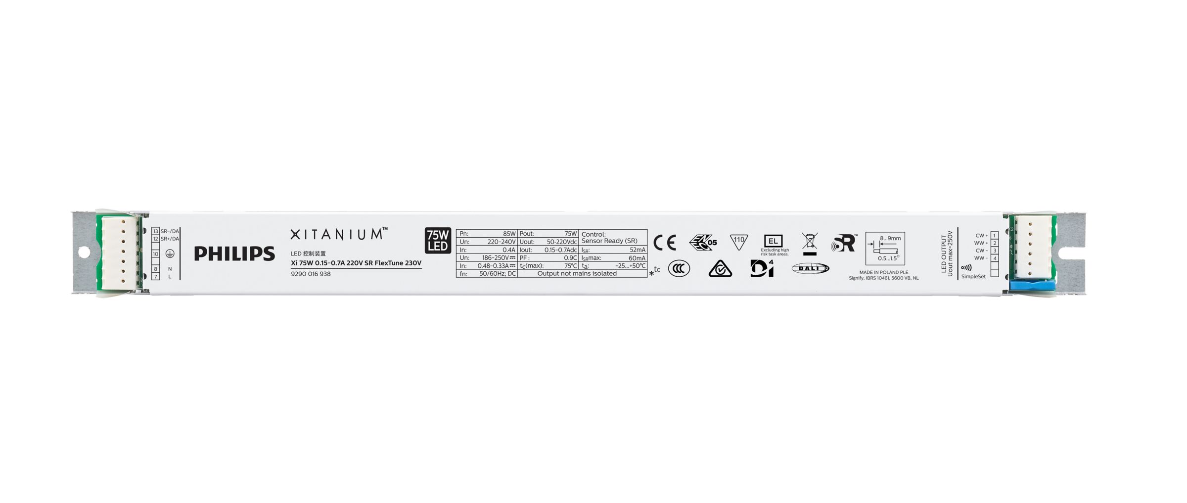 Power supply; LED; DALI; 36W; 50-220V; 0.08-0.4A; 220-240VAC; 186-250VDC; IP20