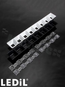 Lens for LED high power; angle: 73 to 76 degrees FWHM; Number of LEDs: 4; Dimensions: 305x38mm; Height: 21.1mm; meterial: PMMA; Fastening: screw