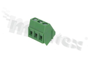 Listwa zaciskowa do PCB; w rastrze 5.00mm; 3-torowa; skośna; na przewód 2.5 mm2 (AWG 24-12); z ruchomą osłoną przewodu; ze śrubami na wkrętak płaski; klatka mosiężna; zielona; UL 300V/10A, TUV 250W/18A