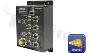 Switch przemysłowy kolejowy PoE; niezarządzalny; norma kolejowa EN50155; 8 portów 10/100/500Base-T(X) PoE; złącza M12; temp. pracy: -40+75 st.C; zasilanie 12...57VDC