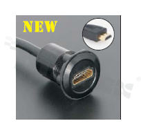 Gniazdo HDMI; żeńskie; otwór montażowy 22mm; podłączenie na wtyk HDMI męski; długosć przewodu 90cm; korpus czarny; stop aluminium.