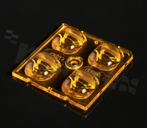 Lens for high power, mid power LED diodes; light distribution: street type IESNA type IV ; number of diodes: 4; size: 50x50mm height: 7.7mm; material type: PMMA; mounting method: pin, screw