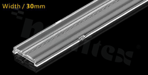 Lens for LED mid power; angle: asymmetric; Number of LEDs: optyka liniowa; Dimensions: 1176x30mm; Height: 7.5mm; material: PC; Fastening: clips