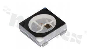 Dioda LED PLCC4; SMD 5050; z wbudowanym sterownikiem cyfrowym; RGB Full Color; Red: 240-450mcd; Green: 697.5-1162.5mcd; Blue: 160-320mcd; 50mA; 5V; soczewka water clear; 120 stopni; 5mm x 5mm x 1.6mm; czarna obudowa