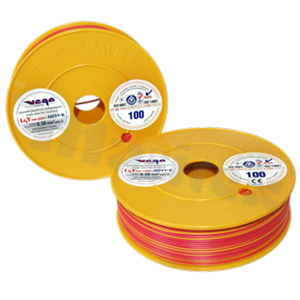 Przewód pojedynczy LGY/H05V-K; z wielodrutową miedzianą żyłą; czerwony/żółty; przekrój 0.50mm2; AWG 20; 500V; -40+105 st.C; 100m.
