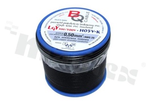 Przewód pojedynczy LGY/H05V-K; z wielodrutową miedzianą żyłą; czarny; przekrój 0.50mm2; AWG 20; 500V; -40+105 st.C; 25m.