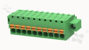 Listwa zaciskowa rozłączalna; w rastrze 3.50mm; 10-torowa; żeńska; na przewód 1.50mm2 (28-16AWG); kierunek wtykania równoległy do osi przewodów; z zaciskiem sprężynowym;  z zaczepem śrubowym; styki z fosforobrązu; stalowa klatka; UL 300/8A TUV 250/12A