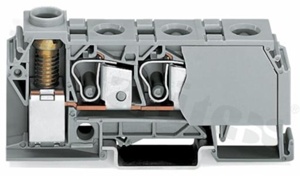 Złączka instalacyjna; 1-poziomowa;rozgałęźna; 4-zaciskowa na przewód 0.2-10.0mm2 (24-8AWG); ze stykiem śrubowym; szara; na szynę DIN; 800V/125A