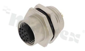 Gniazdo M12; kodowanie A; 12-stykowe; żeńskie; 1.5A; na panel; z nakrętką z tyłu; lutowane; IP68