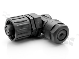 Wtyk ECOMATE seria C016, 7-stykowy (6+PE), żeński, kątowy, 12A, 250V, kabel: max.0.75mm2( AWG18), styki srebrzone, lutowane, kolor: czarny, IP67