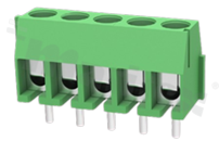 Listwa zaciskowa do PCB; w rastrze 3.50mm; 5-torowa; pionowa; na przewód 1.0mm2; z ruchomą osłoną przewodu; ze śrubą na wkrętak płaski; klatka mosiężna; zielona; UL 130V/9A