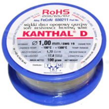 Drut oporowy grzejny Kanthal; renomowanego szwedzkiego producenta; średnica 1.00mm; SWG 19; -100+1300 st.C; 17.6m; 100g.