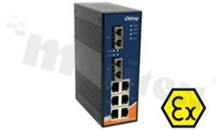 Switch przemysłowy niezarządzalny z certyfikacją ATEX; 6 portów 10/100Base-T(X) RJ45 i 2 porty 1000Base-SX; złącze SC; światłówód wielomodowy; 550m/850nm; temp. pracy -40+70 st.C; zasilanie redundantne 12...48VDC; montaż na szynie DIN