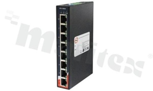 Switch przemysłowy PoE; niezarządzalny; 8 portów 10/100Base-T(X) RJ45 PoE; temp. pracy: -40+70 st.C; zasilanie redundantne 50...57VDC; montaż na szynie DIN