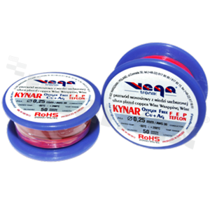Przewód montażowy KYNAR; izolowany teflonem FEP; czerwony; średnica 0.25mm; AWG 30; 250V; -65+200 st.C; 50m.