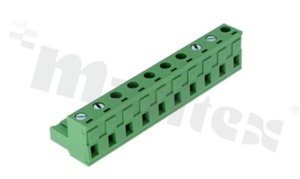 Listwa zaciskowa rozłączalna; w rastrze 7.50mm; 10-torowa; żeńska; na przewód 2.50mm2 (28-12AWG); kierunek wtykania równoległy do osi przewodów; styki z fosforobrązu; mosiężna klatka; UL 300V/15A TUV 400V/20A