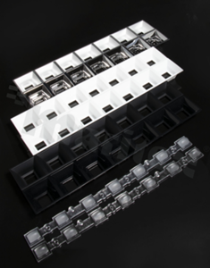 Lens for LED mid power; angle: 25+70 degrees FWHM; Number of LEDs: 7; Dimensions: 280x40mm; Height: 20.3mm; meterial: PC; Fastening: pin; screw; clips