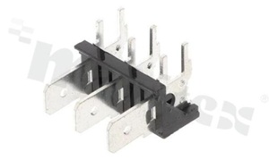 Listwa kołkowa; w rastrze 7.62mm; 3-stykowe; montaż THT; męska; kątowa; 250V/25A; do konektorów faston 6.3x0.8mm