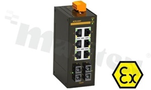 Switch przemysłowy niezarządzalny; certyfikat ATEX; 6 portów 10/100Base-T(X) RJ45 i 2 porty 100Base-FX; złącze SC; światłowód wielomodowy; 5km/1310nm; temp. pracy:-10+60 st.C; zas. 9...60VDC/18...30VAC; DIN; obudowa metalowa